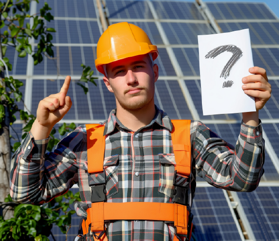 A man stands holding a sign featuring a large question mark, symbolizing why consider solar